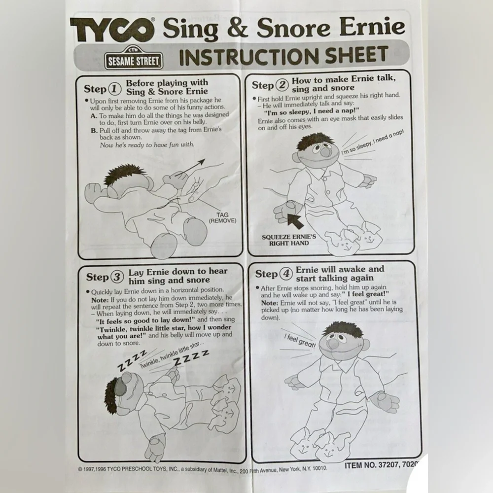 Vintage Working Sesame Street 1997 Tyco Nighttime Sing & Snore Ernie w/Eye Mask